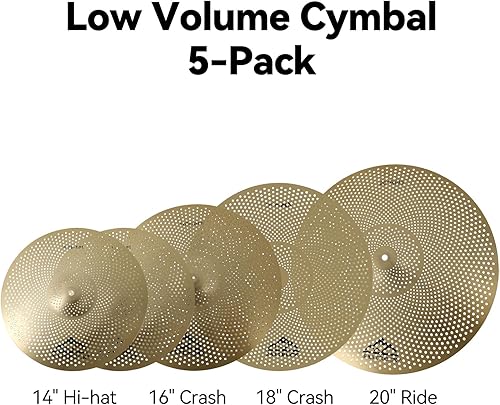 Miniatura 2 de EASTROCK Paquete de platillos dorados de bajo volumen, 5 piezas (14 "Hi-hat+16" Crash+18" Crash+20"Ride) con bolsa de platillos y fieltros