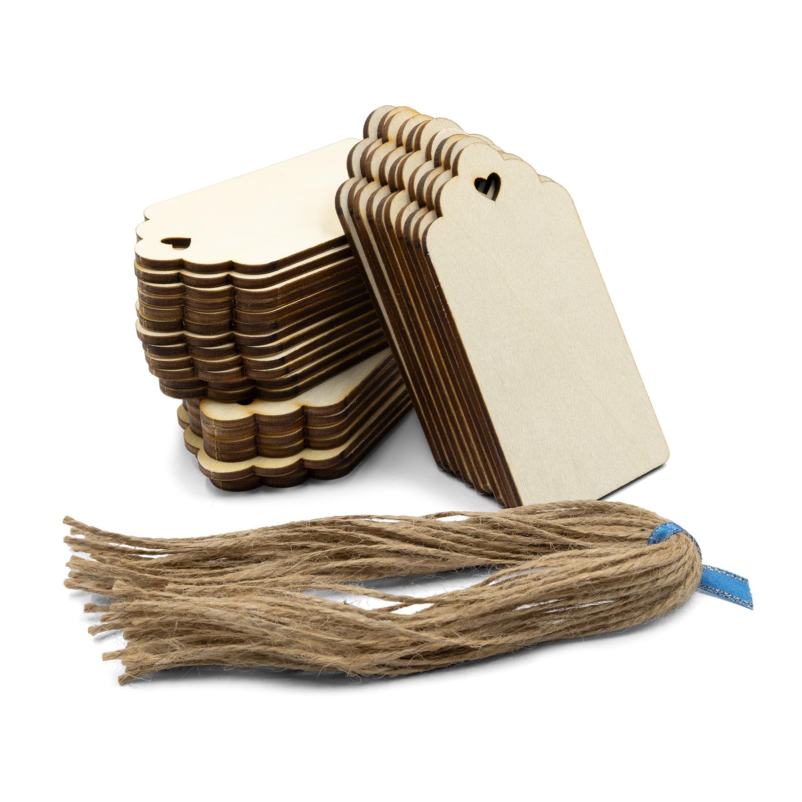 Summer-Ray Decorative Wooden Tags with Heart Cutout – 30pcs Laser-Cut Plywood Gift Tags with Jute Twine – 3mm Thick Craft Labels for Weddings, DIY & Events