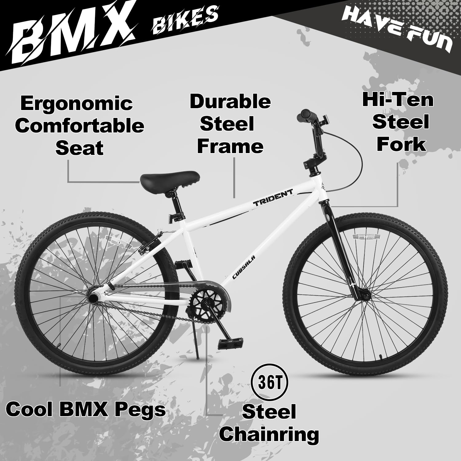 cubsala 26 Inch BMX Race Bike Trident Bicycles Beginner-Level to Advanced Riders with 2 Pegs Trick Cycling and Professional BMX Riding, White