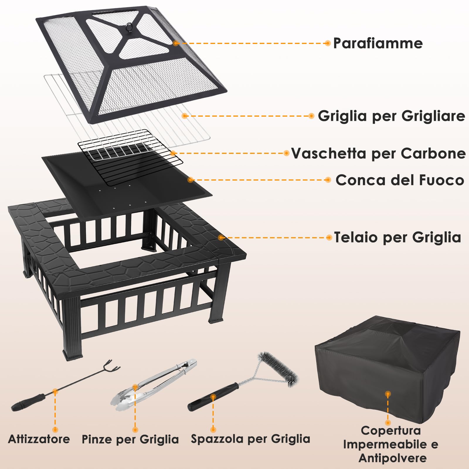 TLSUNNY 3 in 1 Braciere da Giardino, Braciere da Esterno con Griglia e Parascintille, Braciere Quadrato in Metallo, con Copertura Impermeabile e 4 pcs Gamba,per Barbecue,Campeggio e Riscaldamento,81cm