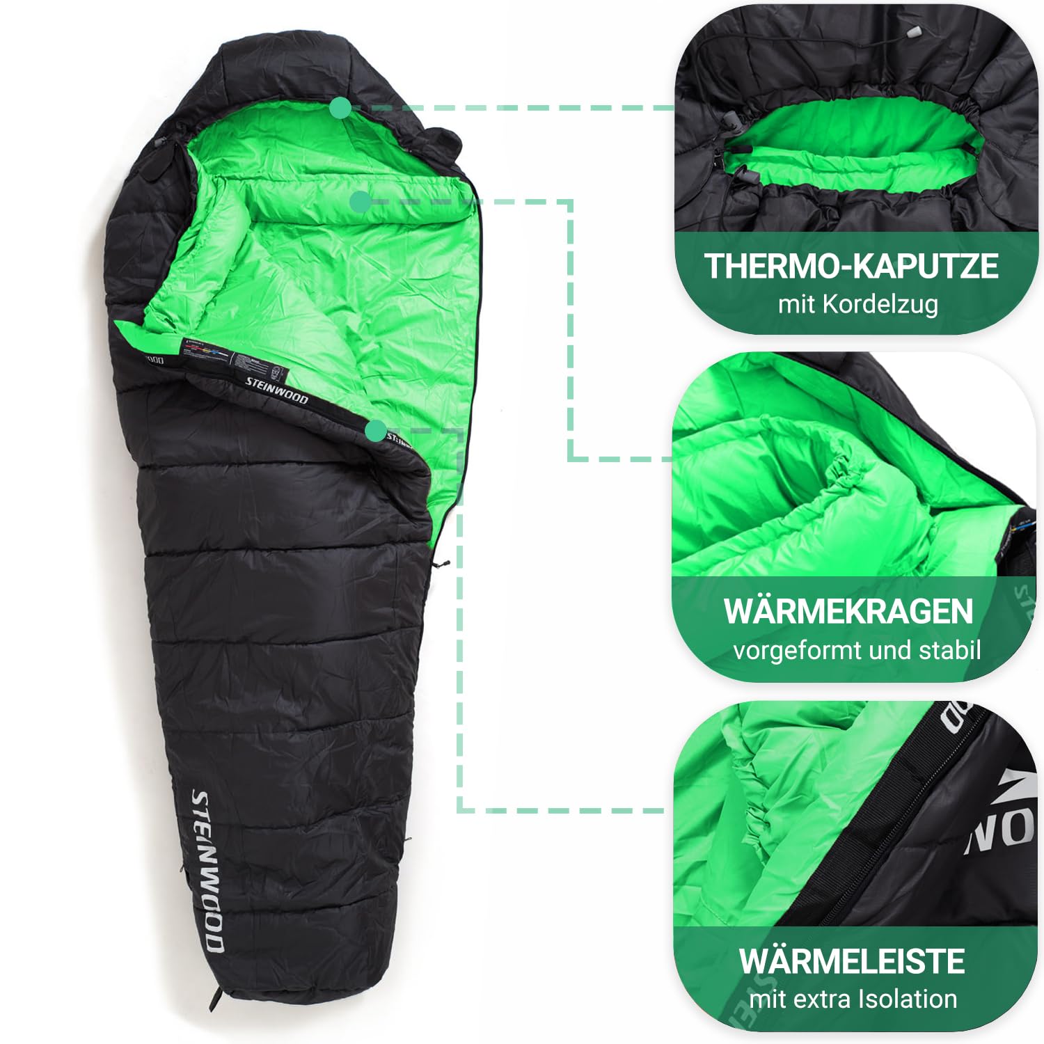 Steinwood Premium Schlafsack koppelbar extra breit 3-4 Season 210cm - Outdoor-Schlafsack, Mumien-Schlafsack, Hütten-Schlafsack
