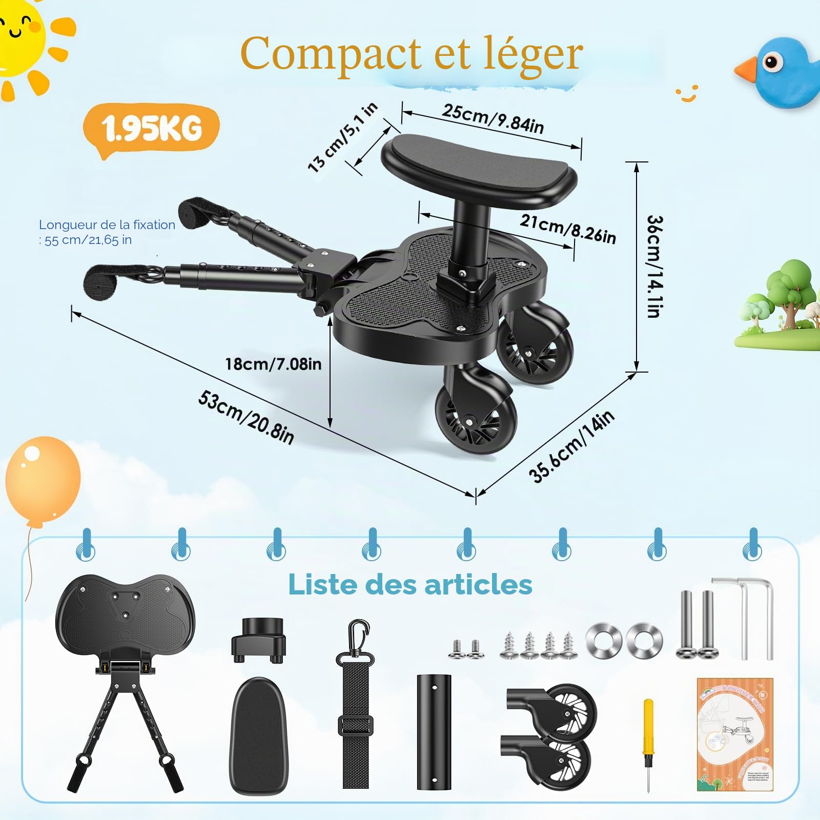 Planche Poussette Universelle,Skate Poussette Universelle, Portable Kiddy Boards,avec Sangle de Suspension,Rotation à 360,Planches à Roulettes pour bébé pour Enfants de 2 à 6 Ans (25kg)
