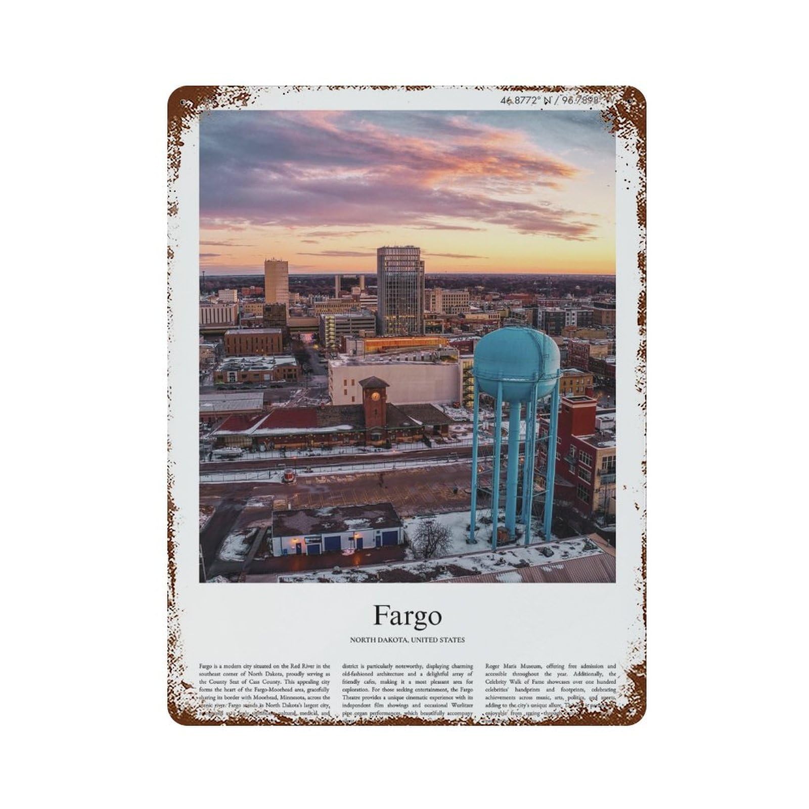 xiaoxiaoshen Fargo North Dakota City Scenery Wall Decor Art Metal Tin Poster Modern Home Decor Art Home Bar Shop Decorations Vintage Sign 40x30cm