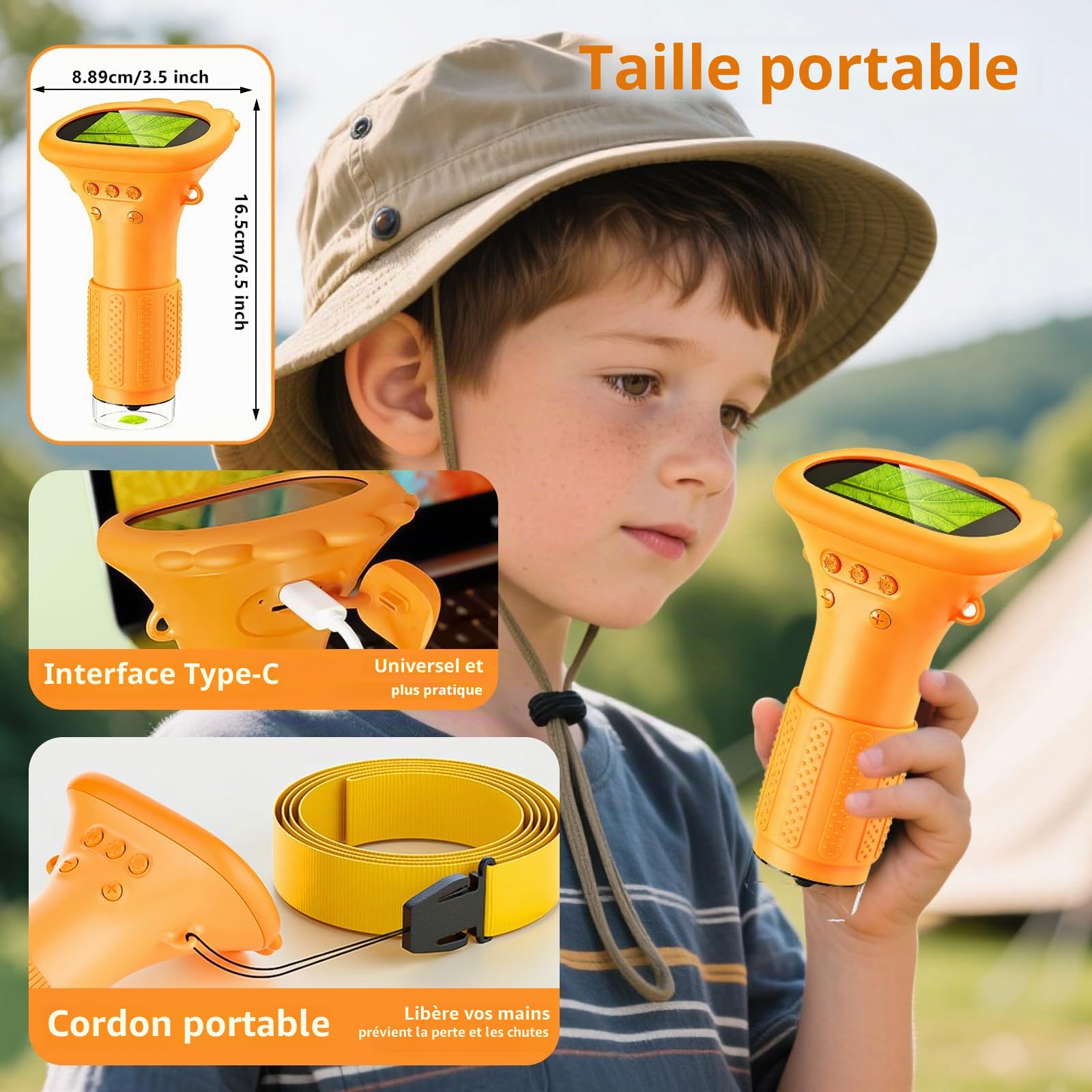 Microscope Portable pour Enfants, 1000X Mini Microscope Numérique avec Écran IPS 2,0" et 8 LED, Microscopes de Poche USB Type-C Compatible PC, Jouet Scientifique pour Enfants dès 3 Ans, Jaune