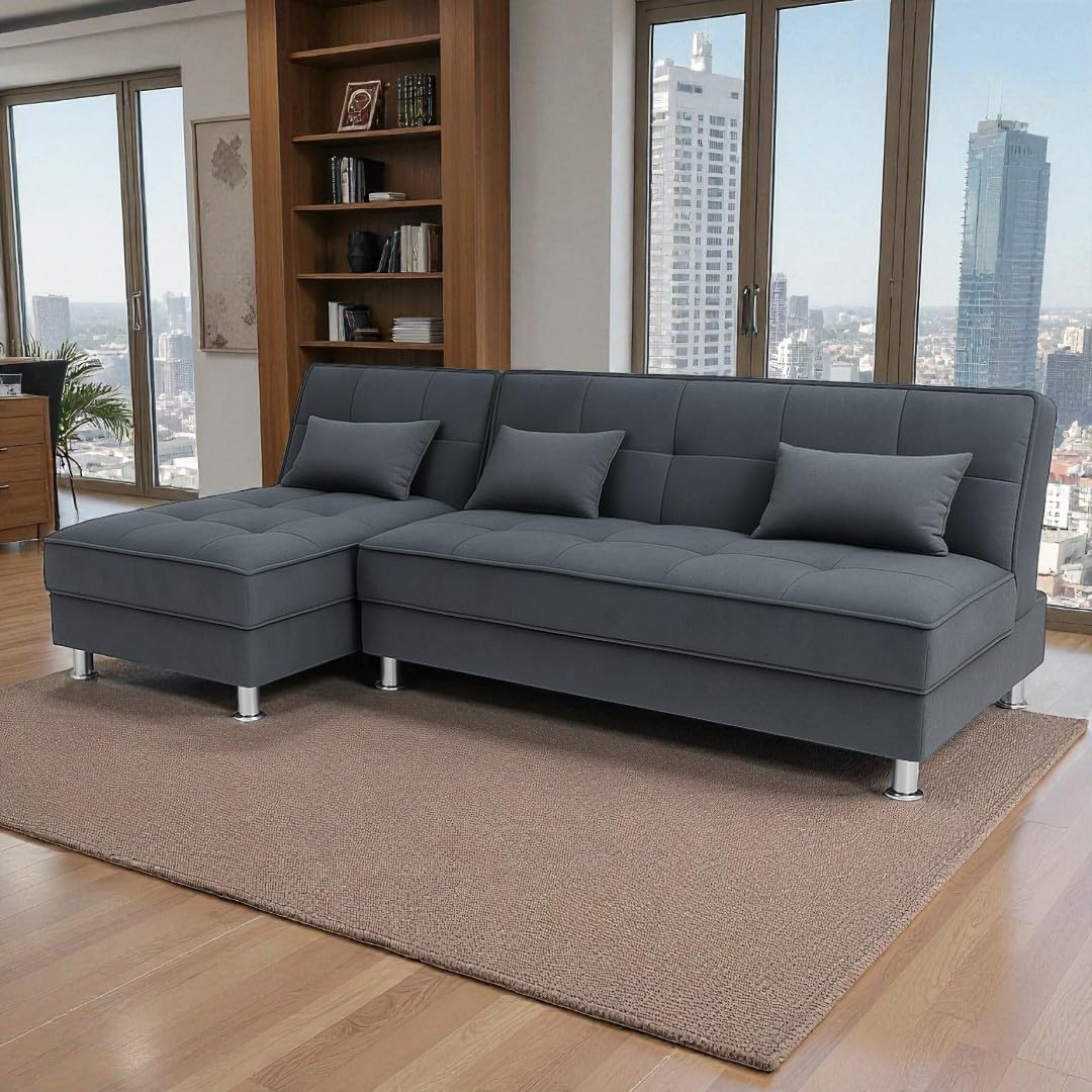 FURNY Gaiety 5 Seater Fabric L Shape Sofa Cum Bed Set (Dark Grey) | Velvet Finish | Durable & Comfortable | Ideal for Living Room FURNY Gaiety 5 Seater Fabric L Shape Sofa Cum Bed Set (Dark Grey) | Velvet Finish | Durable & Comfortable | Ideal for Living Room