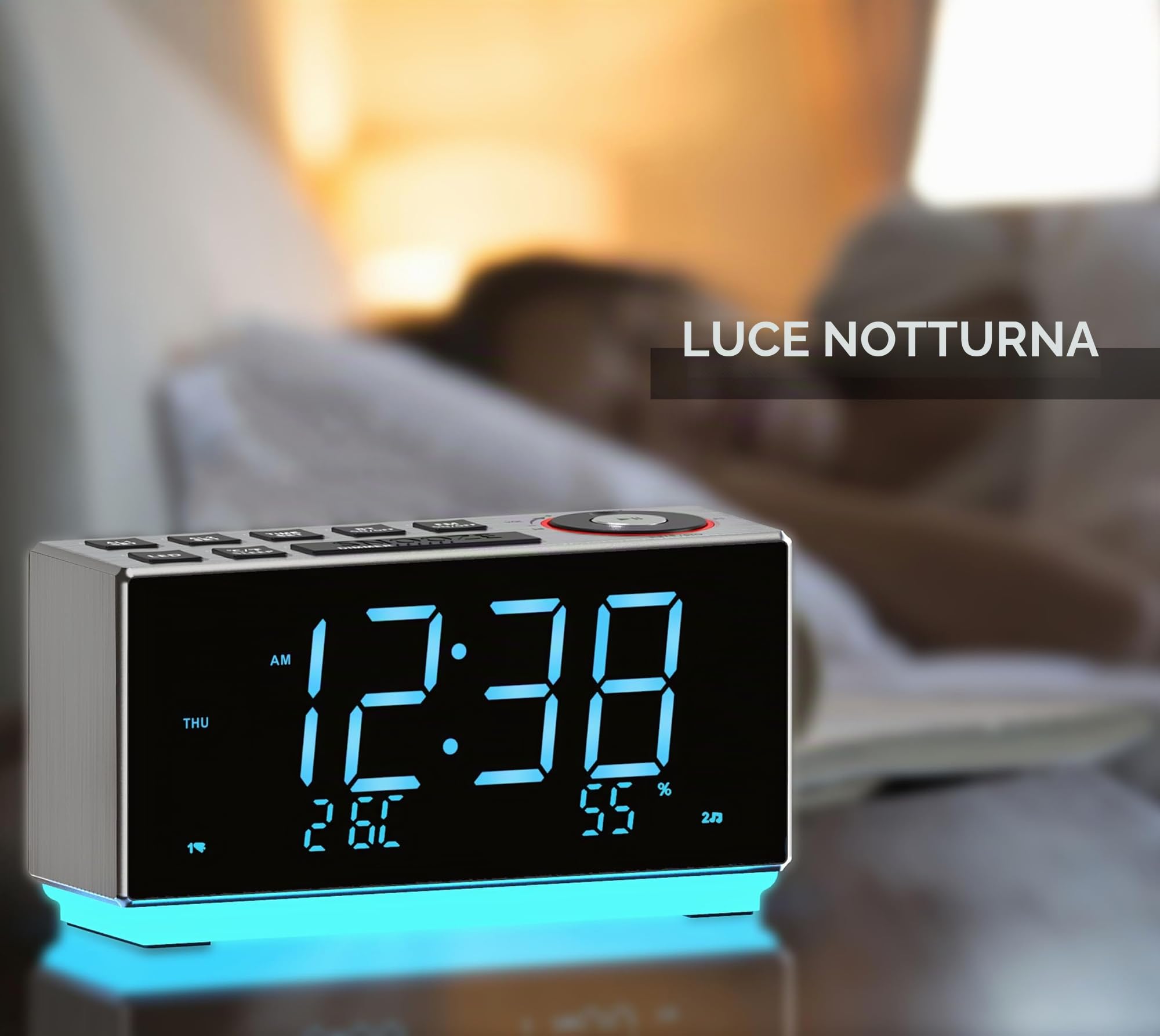 iTOMA Sveglia con radio FM, Ricarica USB, Display LED Blu Ghiaccio da 1,8", Luce Notturna, Doppio Allarme, Snooze, Controllo Dimmer, Orologio Elettronico da Comodino CKS508