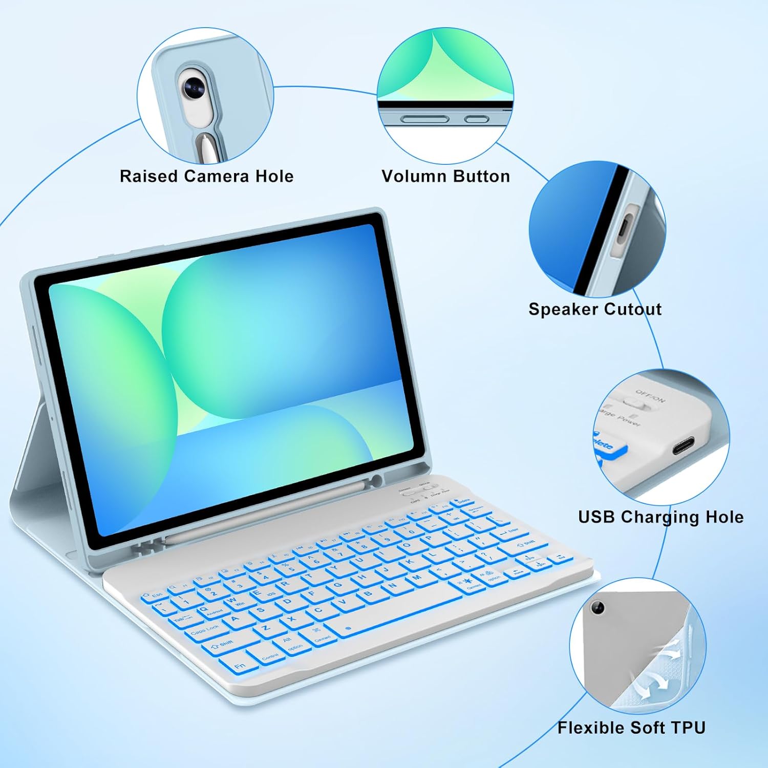 Keyboard Case for Samsung Galaxy Tab S10 Lite/ S10 FE/ S9 FE 10.9 Inch/Tab S9 11 Inch with S Pen Holder, 7 Color Backlit Detachable Wireless Bluetooth Keyboard with Stand Cover Case, Light Blue