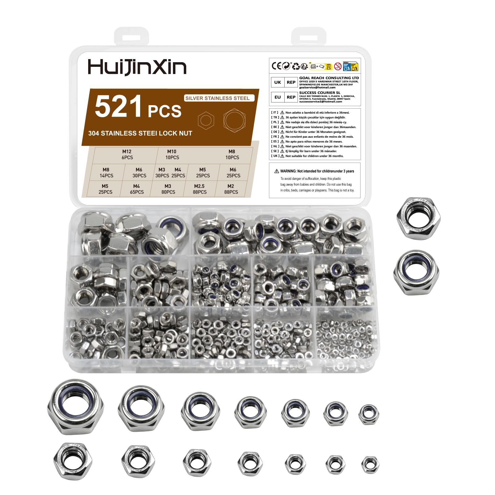 521 Pcs Nylock Nuts, Self Locking Nuts, Nylon Insert Lock Nuts, Stainless Steel Hex Nuts, Thread Hexagon Nuts with Nylon Inserts for Bolts, Screws, M2 M2.5 M3 M4 M5 M6 M8 M10 M12 (Stainless steel)