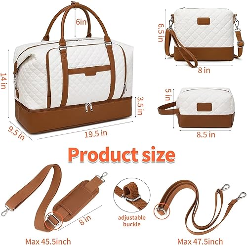 Miniatura 7 de Bolsa de fin de semana, bolsa de viaje grande para mujer, bolsa de mano con compartimento para zapatos y bolsas de aseo, Blanco (White-Brown),