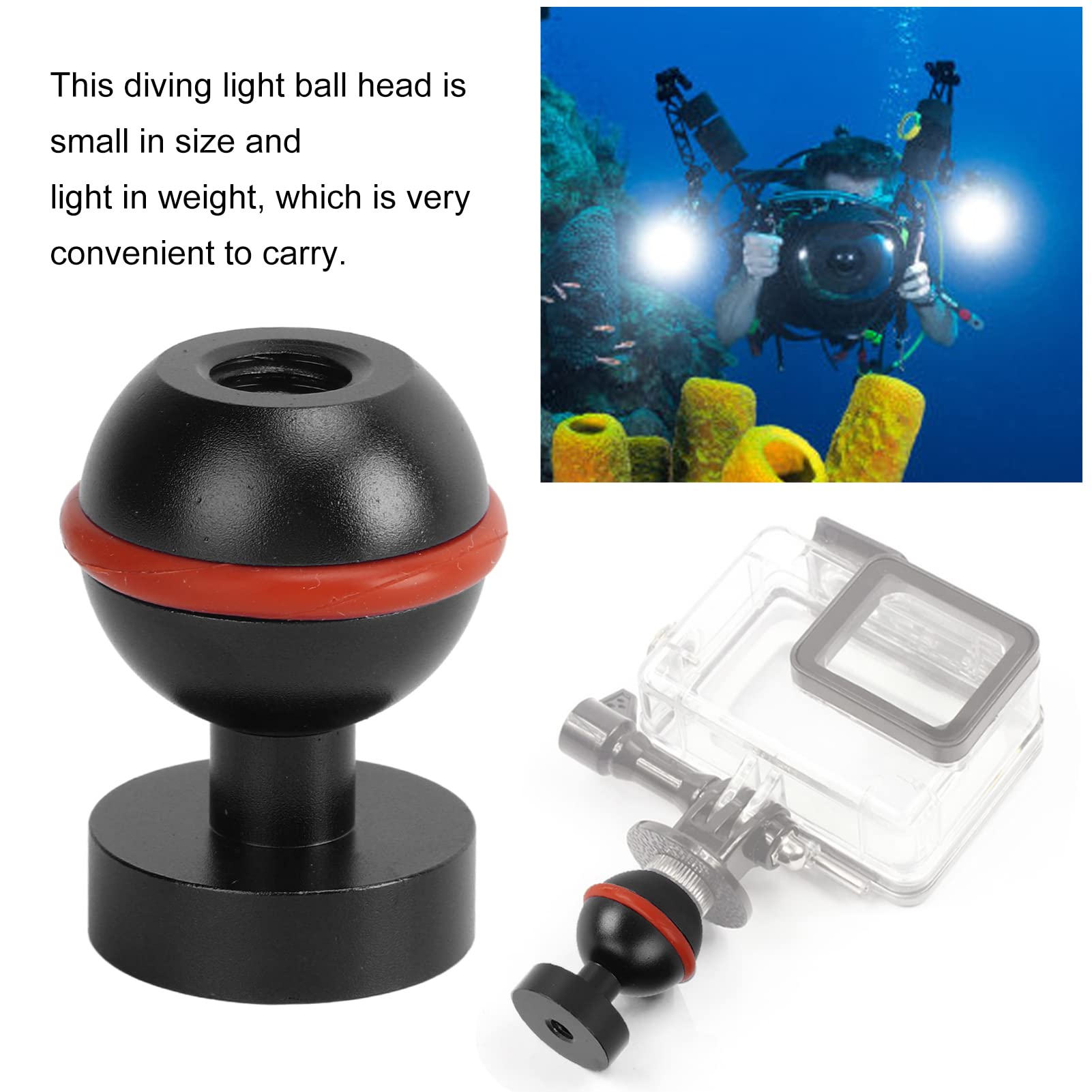Diving Light Ball Head, Aluminium Alloy Ball Heads Camera Mount Adapter Lightweight Portable Ball Head Adapter Sports Cameras Light Arm Fixed Base (Black)