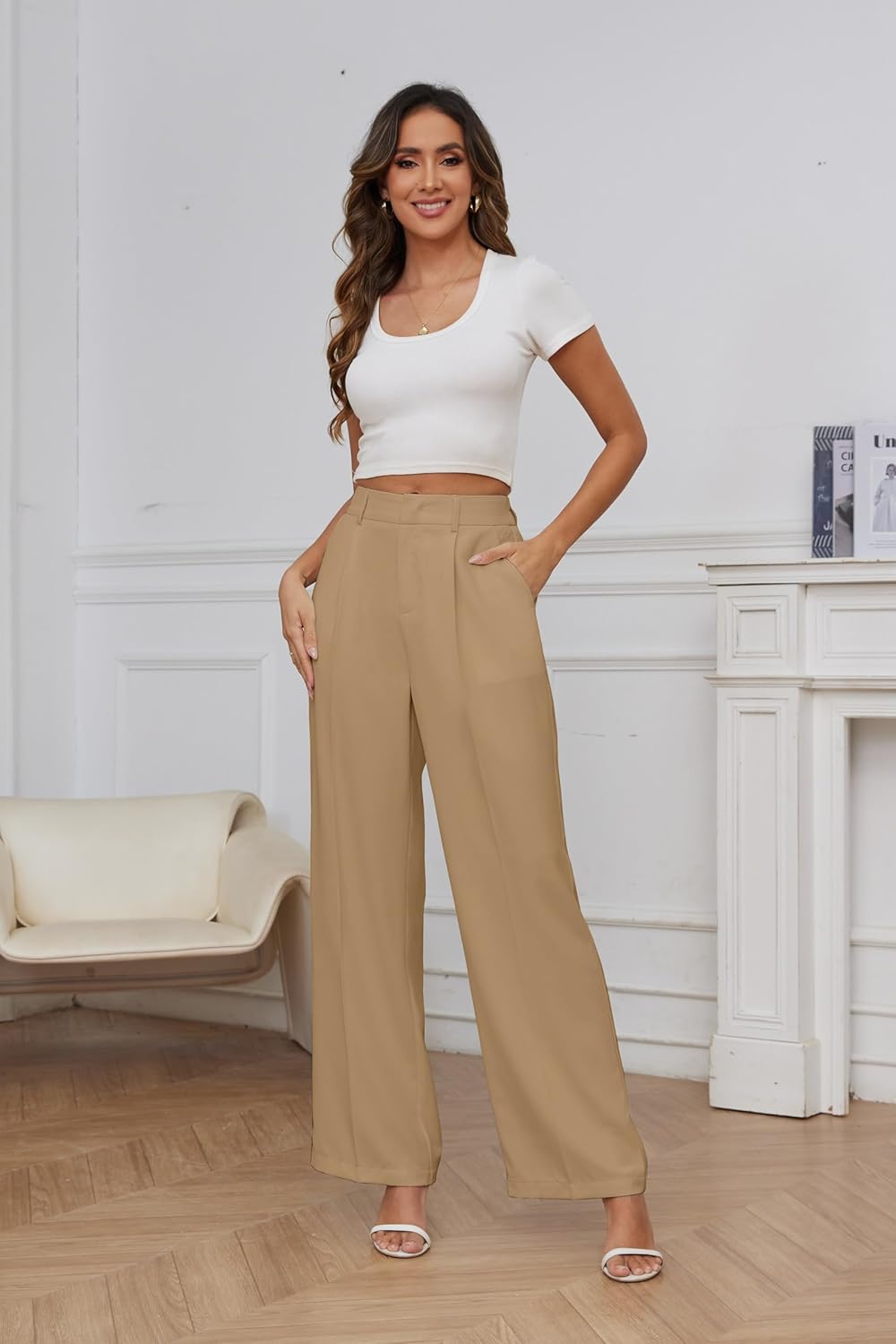 FUNYYZO Wide Leg Pants Women's High Elastic Waisted in The Back Business Work Trousers Long Straight Suit Pants - Image 3