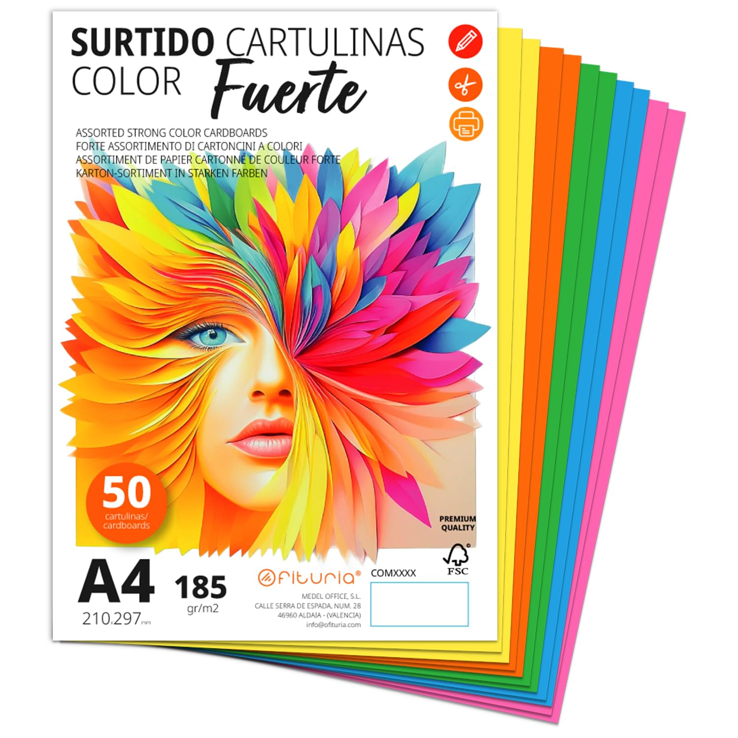 A4 Cardstock, Coloured Cardstock, 185 g/m2 Card Stock for Crafts, Education, Home, Art or Business, Assorted A4 Coloured Cardstock - Ophituria (50 Cardstocks, Strong Assorted)