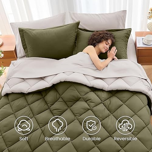 Miniatura 6 de MUXHOMO Juego de edredón Queen de 7 piezas, cama reversible en una bolsa, tamaño Queen, juego de ropa de cama para todas las estaciones con edredón
