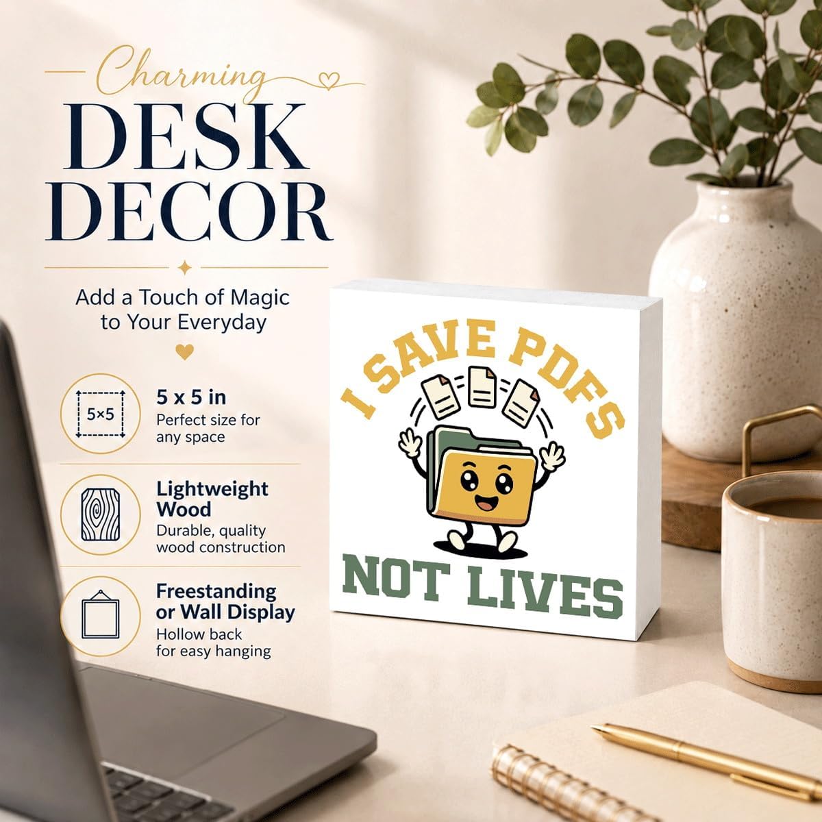 Funny Office Wood Box Sign, I Save PDFs Not Lives Cute File Folder Wooden Block Plaque, Humor Desk Shelf Decor for Admin Assistant Records Clerk Home Office, Coworker Gift image 2