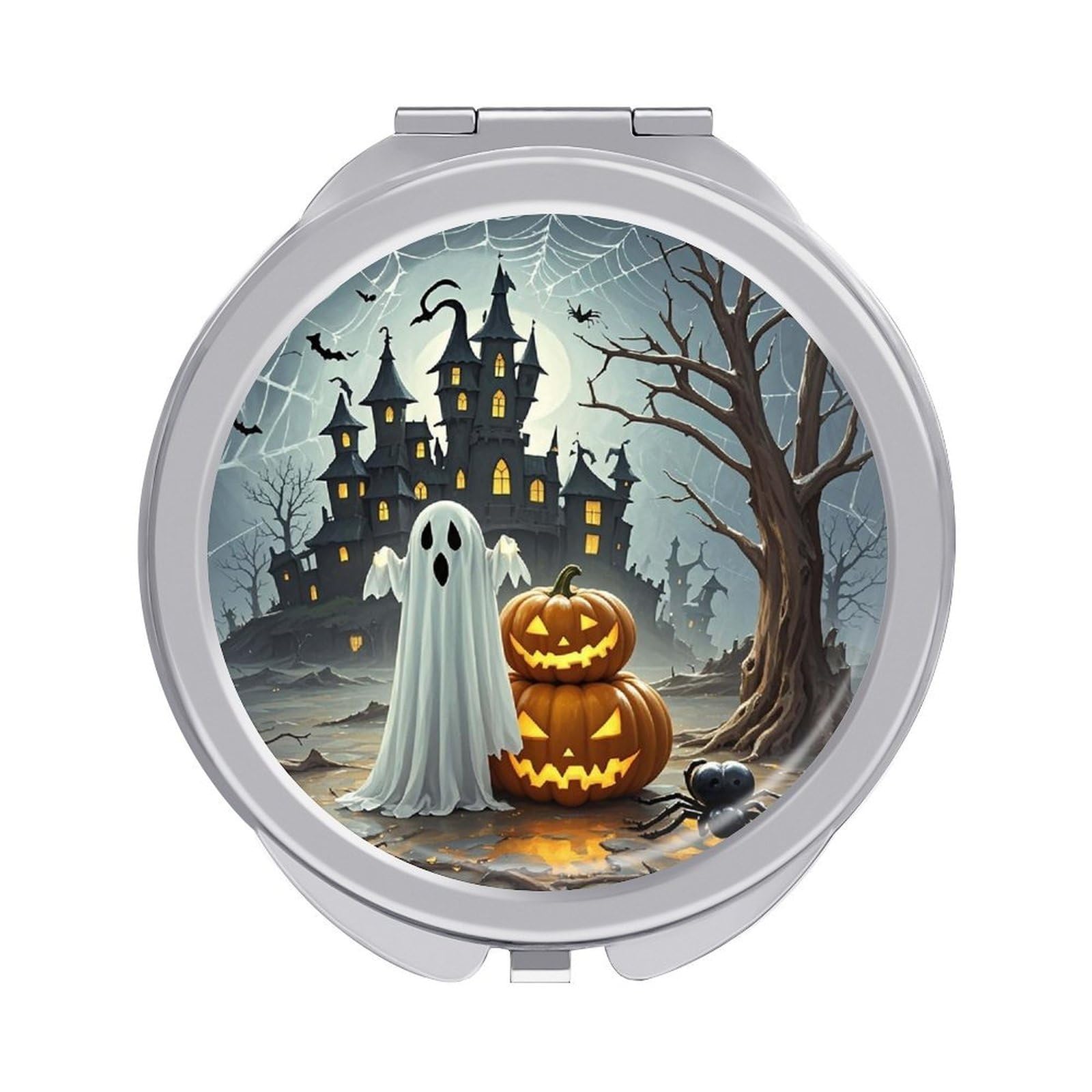VstaDank Ghost Pumpkin Castle Travel Makeup Mirror 2 X /1 X Magnifying Mini Vintage Pocket Mirror for Purse Small Portable Folding Small Round Mirrors Portable Vanity Mirrors for Women