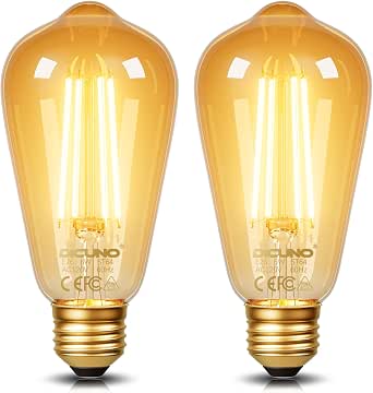 DiCUNO E26 Edison Bulbs 60W, 2200K Amber Warm, Amber Glass, 600LM, 2-Pack