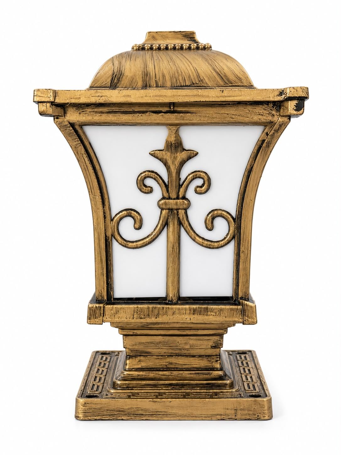R.K PRIME Outdoor Pillar Gate Light, Antique Gold Finish, Frosted Glass | Vintage Scroll Design, Dome Top Cap Light, Weathered Brass Look, Square Base Mount, Garden & Porch Use-image-6