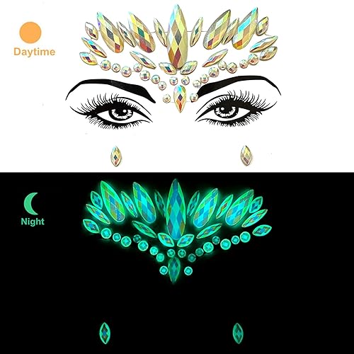 Miniatura 4 de Gemas faciales 4 hojas de joyas para la cara pegadas en diamantes de imitación, calcomanías de cristal luminoso, piedras preciosas temporales de