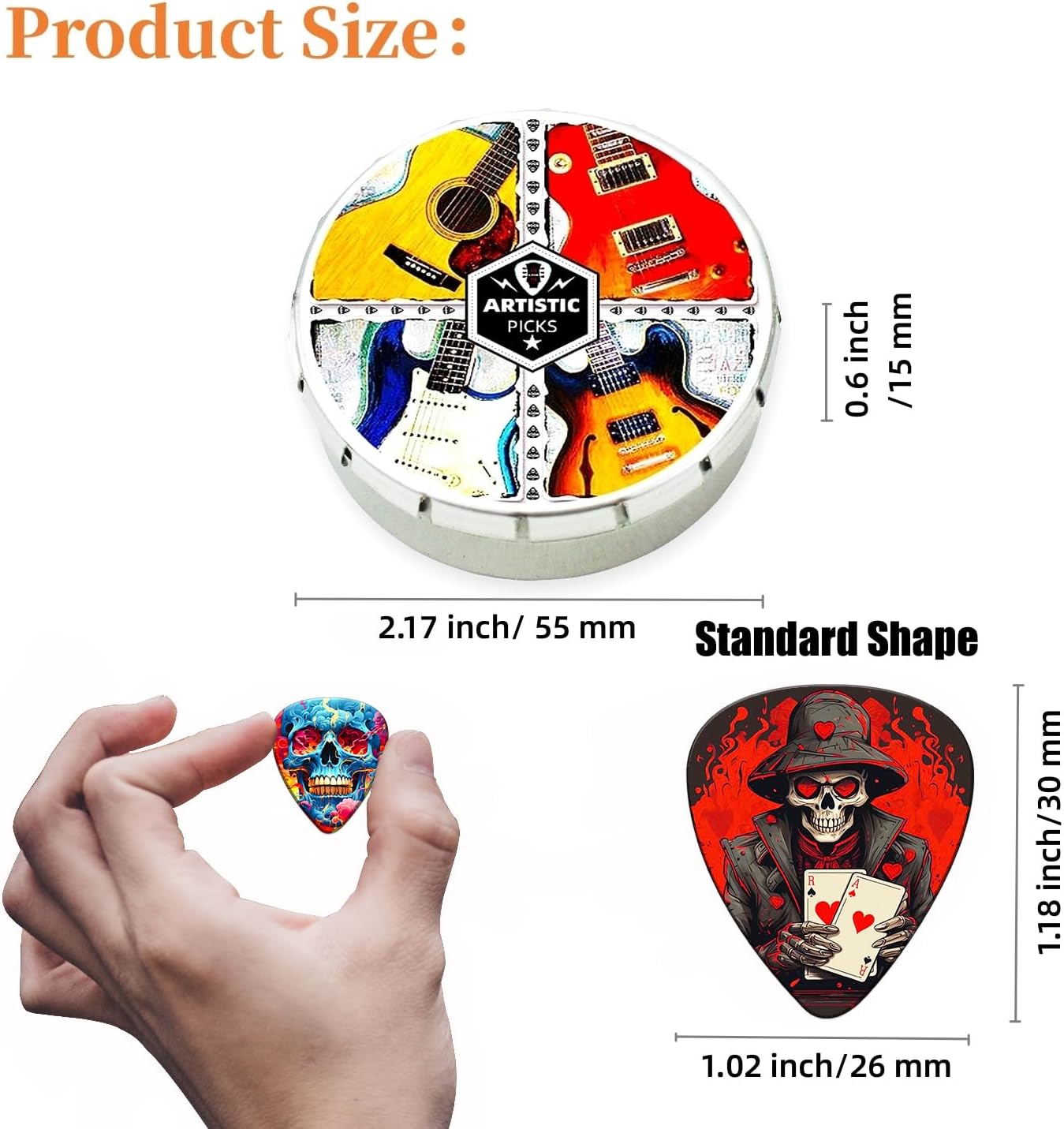 Guitar Picks,24 Pack Skull Guitar Picks Thin, Medium, Heavy Guitar Pics,Guitar Pick Variety Pack for Acoustic,Bass, Electric Guitars 0.46, 0.71, 0.96,1.2mm (Mix 6)