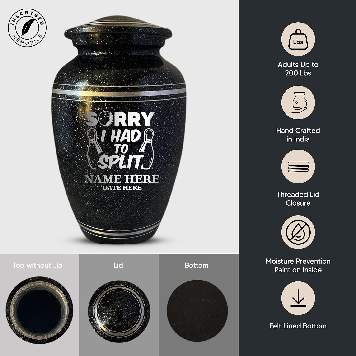 Personalized Human Cremation Urn for Adult Bowlers Ashes Men & Women - Engraved Aluminum Vessel for Bowling Lovers Remains with Name & Funny Humorous Sorry I had to Split 1 Design - Black Silver Rim