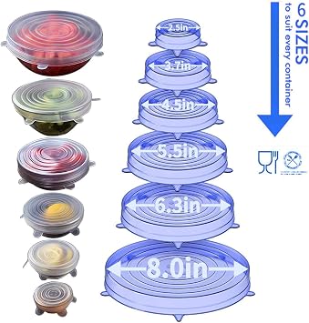 Silicone Stretch Lids, 18 Pack Reusable Silicone Lids, Silicone Bowl Covers, 6 Sizes Silicone Covers Apply to Food Container, for Freezer & Microwave