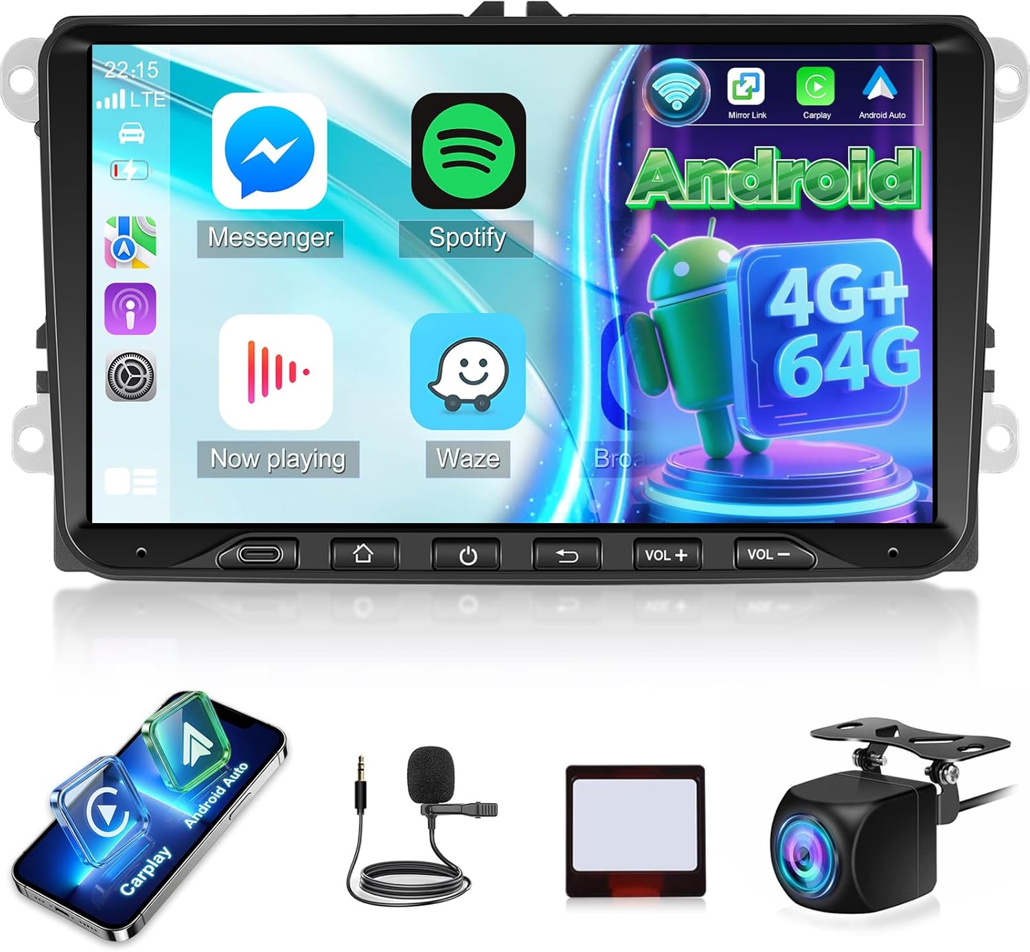 4G+64G Android Car Stereo for VW Volkswagen Golf MK5 MK6 T5 Passat Jetta Tiguan EOS Polo, 9 inch Touch Screen Radio with CarPlay/Android Auto, GPS Navigation, Bluetooth, FM/RDS, SWC