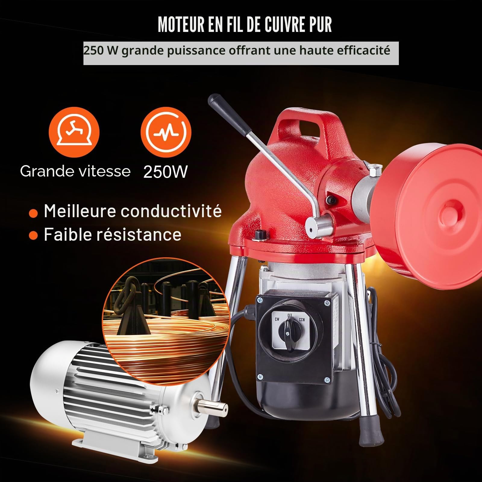 VEVOR Déboucheur Électrique Canalisation 20 m x 16 mm Machine Nettoyage Tuyaux Alimentation Manuelle 250 W 7 Coupeurs, 2 Câbles Acier 20 m x 16 mm/4,6 m x 9,5 mm, Contrôle CW/CCW pour Tuyaux 4-10 cm