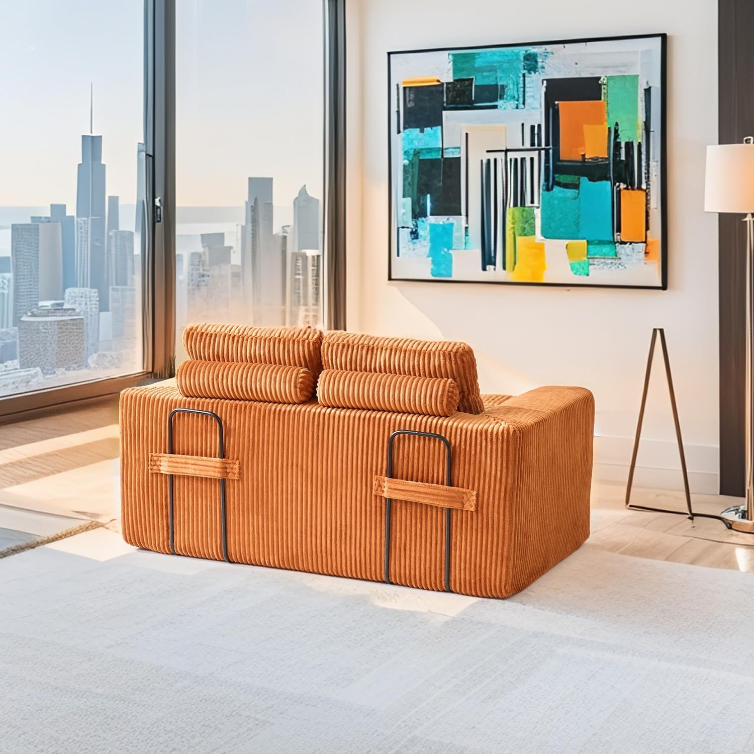 Pull Out Loveseat Sofa, Extendable 2 in 1 Couch, Minimalist Style Deep deat, Convertible Sleeper Bed, Boneless Floor Sofa Set for Living Room,Apartment,Orange Corduroy