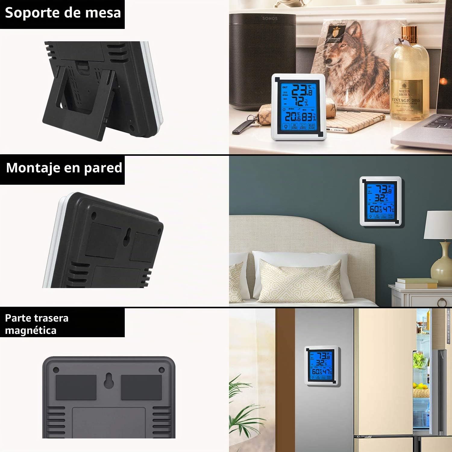 ThreeH Termómetro para Interiores y Exteriores Higrómetro Digital con 3 sensores Inalámbricos Indicador Humedad Monitor Temperatura Preciso Pantalla Táctil LCD Retroiluminación (3 sensores)