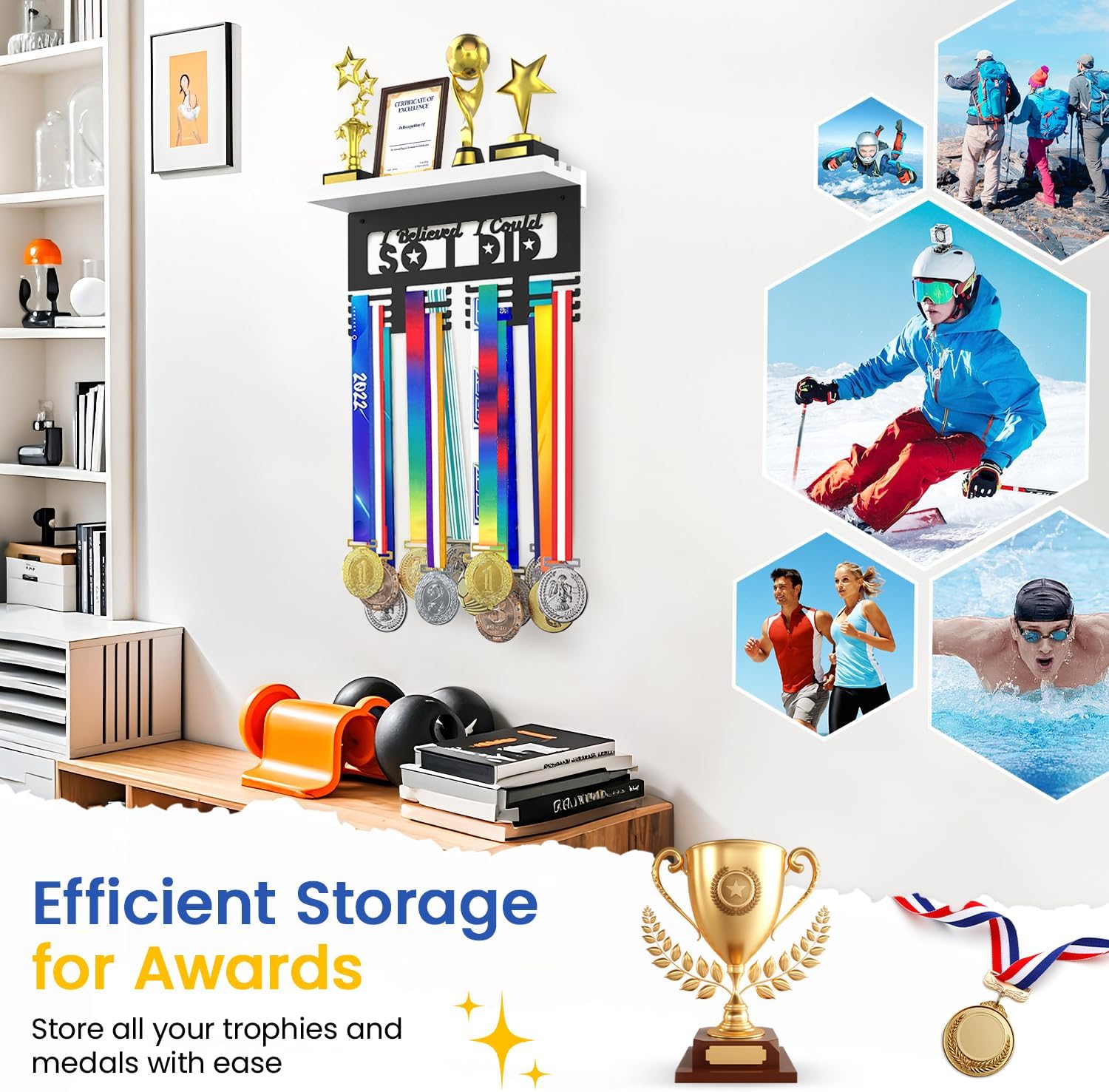 Medal Holder Display Trophy Shelf Organizer, Sturdy Wooden Race Award Hanger Rack with 25 Steel Hooks, Wall Mount Storage Stand for Sports Fans, Cheer Success