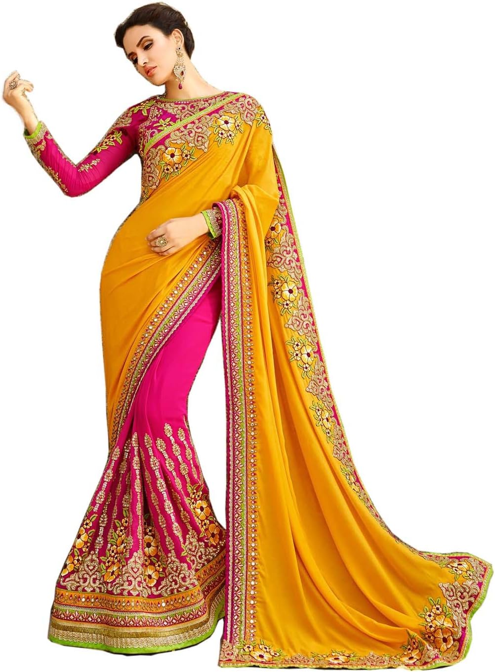 Magneitta Women's Georgette Saree With Blouse Piece Free Size Yellow & Pink