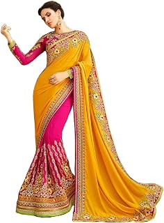 Women's Embroidered Pink & Yellow Half And Half Georgette Saree With Blouse Material, Wedding,Casual sarees