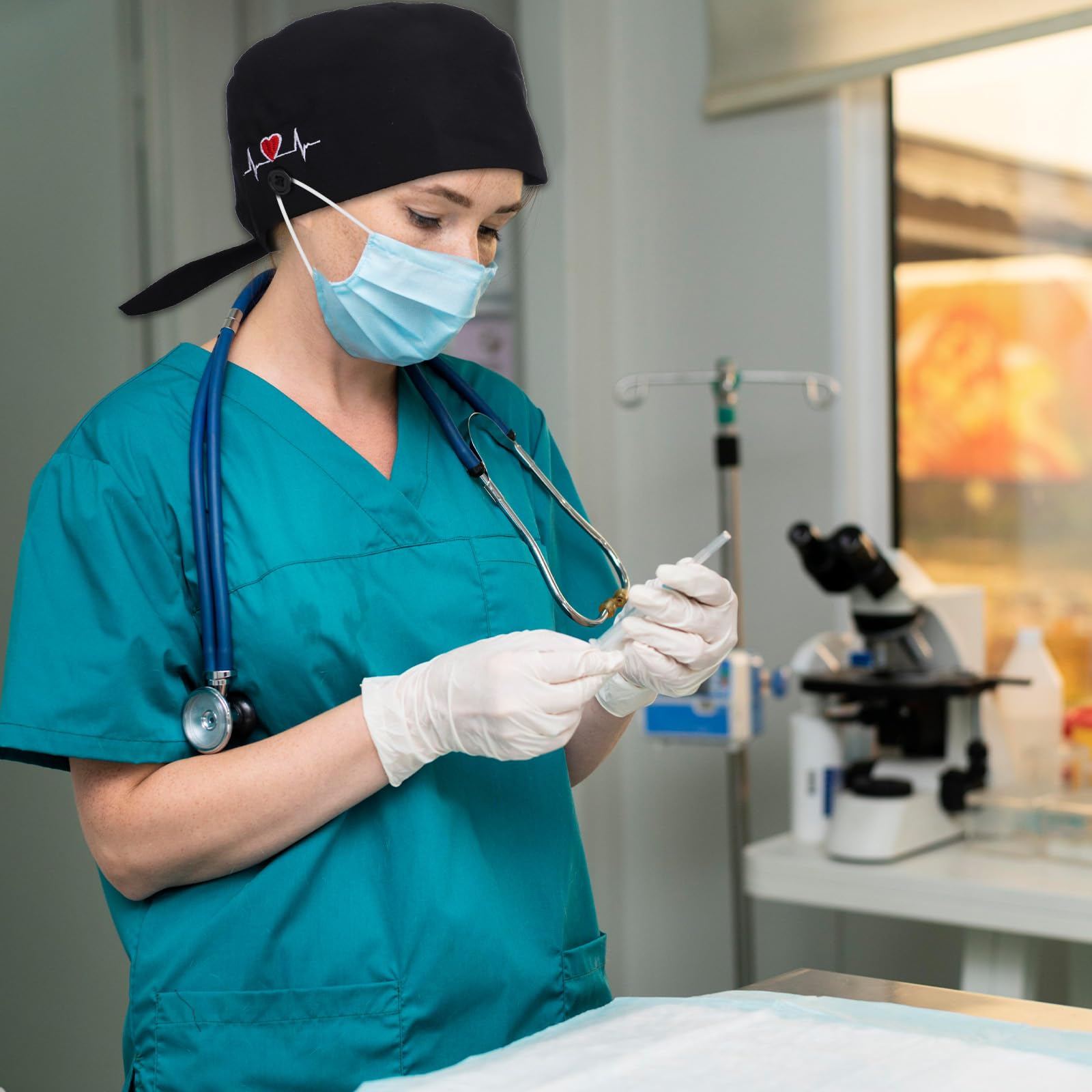 Czapki robocze z guzikiem i opaską przeciwpotną regulowana czapka chirurgiczna czapki pielęgniarskie czapki wiązane z tyłu czapki dla kobiet mężczyzn jeden rozmiar, Czarny, rozmiar uniwersalny