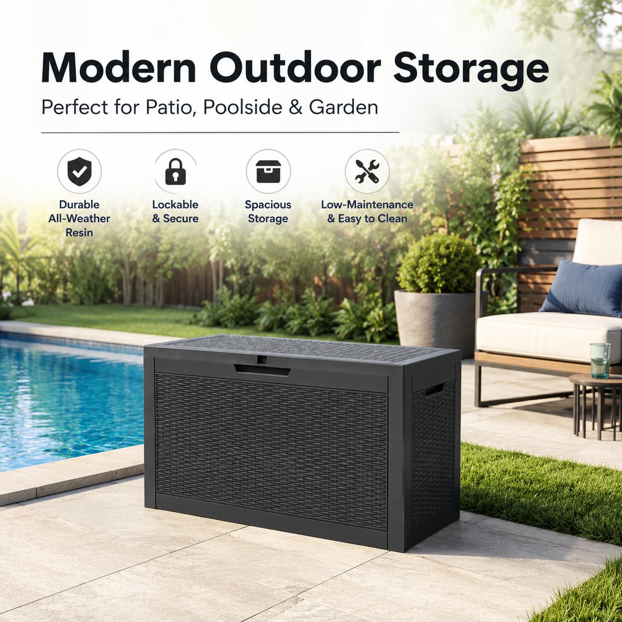 60 Galloni Baule da Esterno, Contenitore da Terrazzo in Resina 227L con Coperchio Bloccabile, Effetto Rattan Resistente all’Acqua per Cuscini, Attrezzi, Piscina, Giochi, Patio e Giardino
