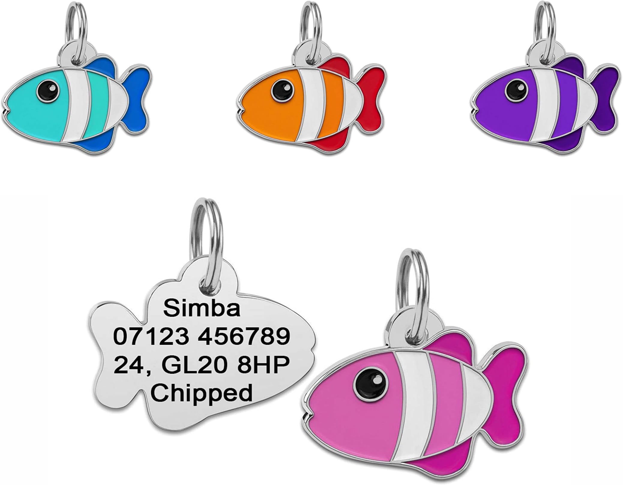 Personalised Engraved with Black & Bold Text Fish Shape Dog/Cat Tag 27mm Colourful Pet Tag ID… (Pink)
