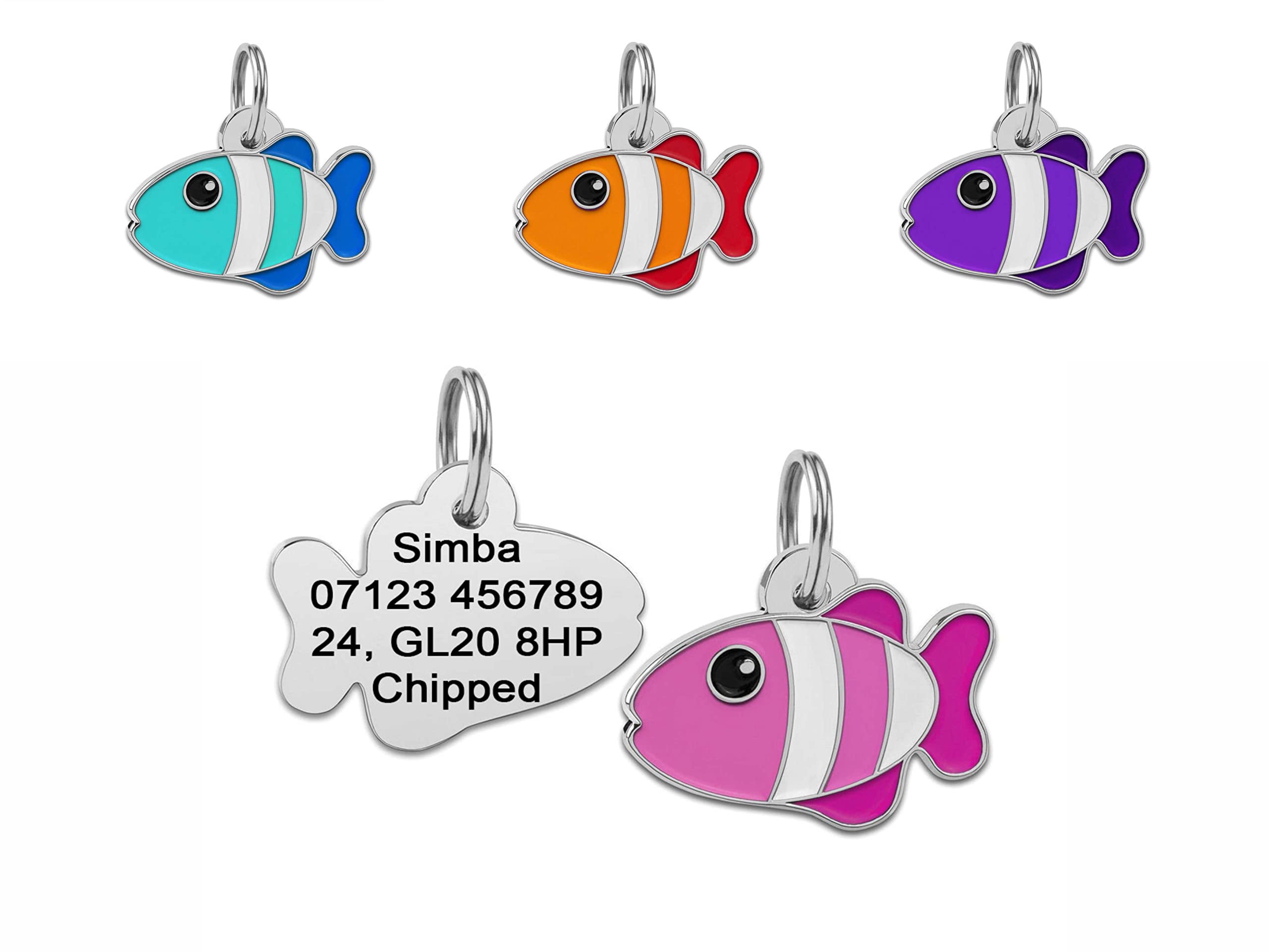 Personalised Engraved with Black & Bold Text Fish Shape Dog/Cat Tag 27mm Colourful Pet Tag ID… (Pink)