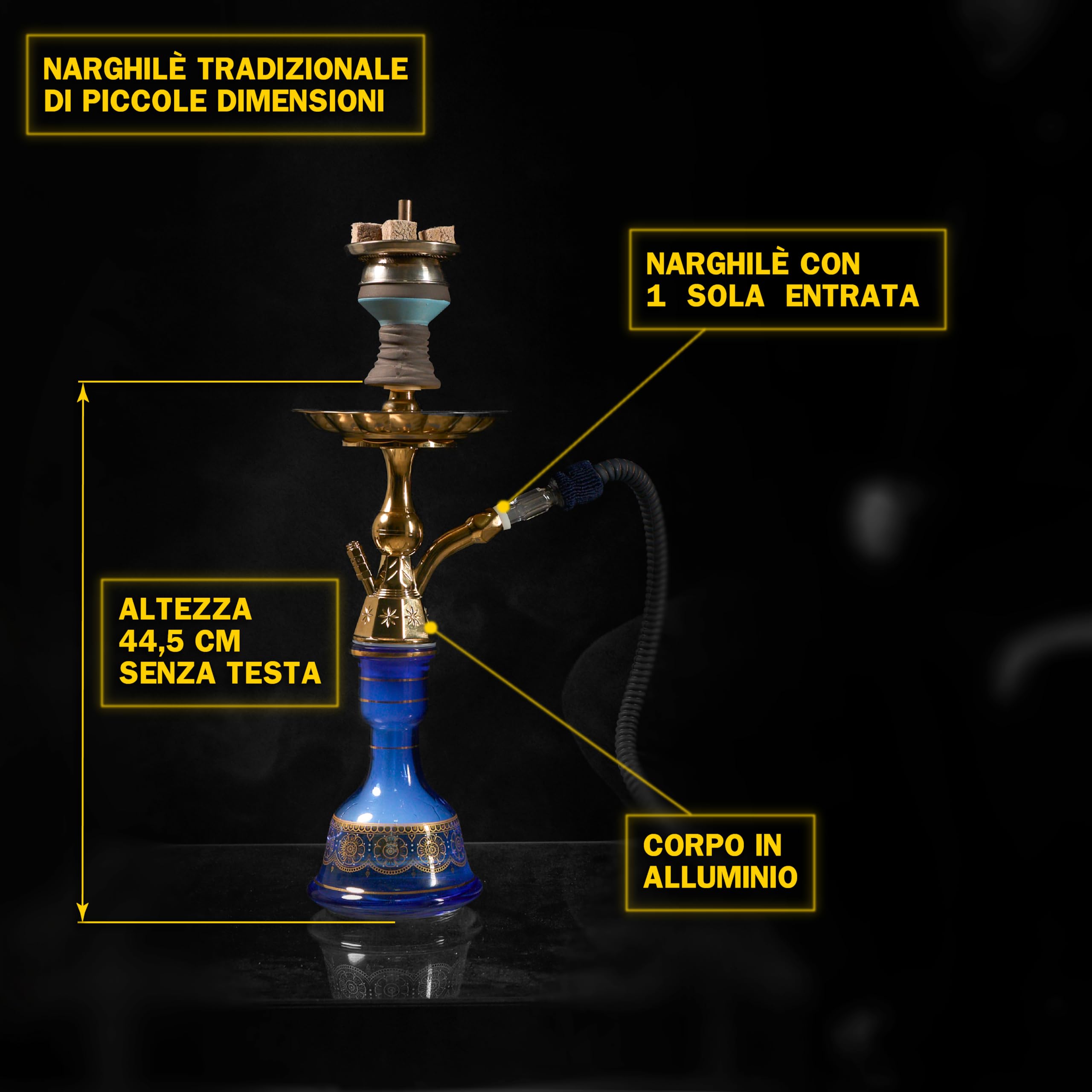 Dark Shisha Cachimba Luna Azul 44,5 cm + 50 Boquillas Higiénicas | Set Completo con Manguera Tradicional, Cazoleta de Piedra, Chimenea, Pinza y Juntas