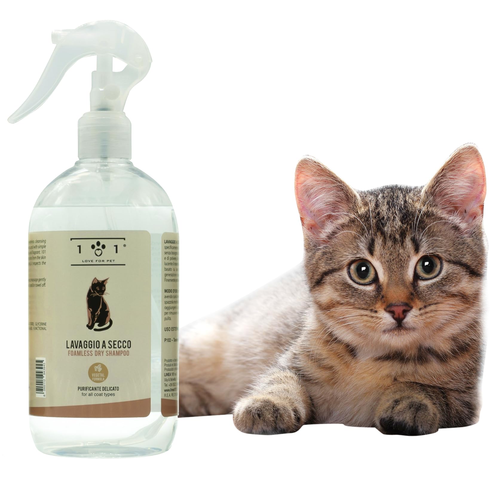 Shampoo a Secco Naturale e Vegetale per Gatto - Senza Bisogno di Acqua o Risciacquo - per Un Lavaggio a Secco Efficace, Linea 101 (500ml)