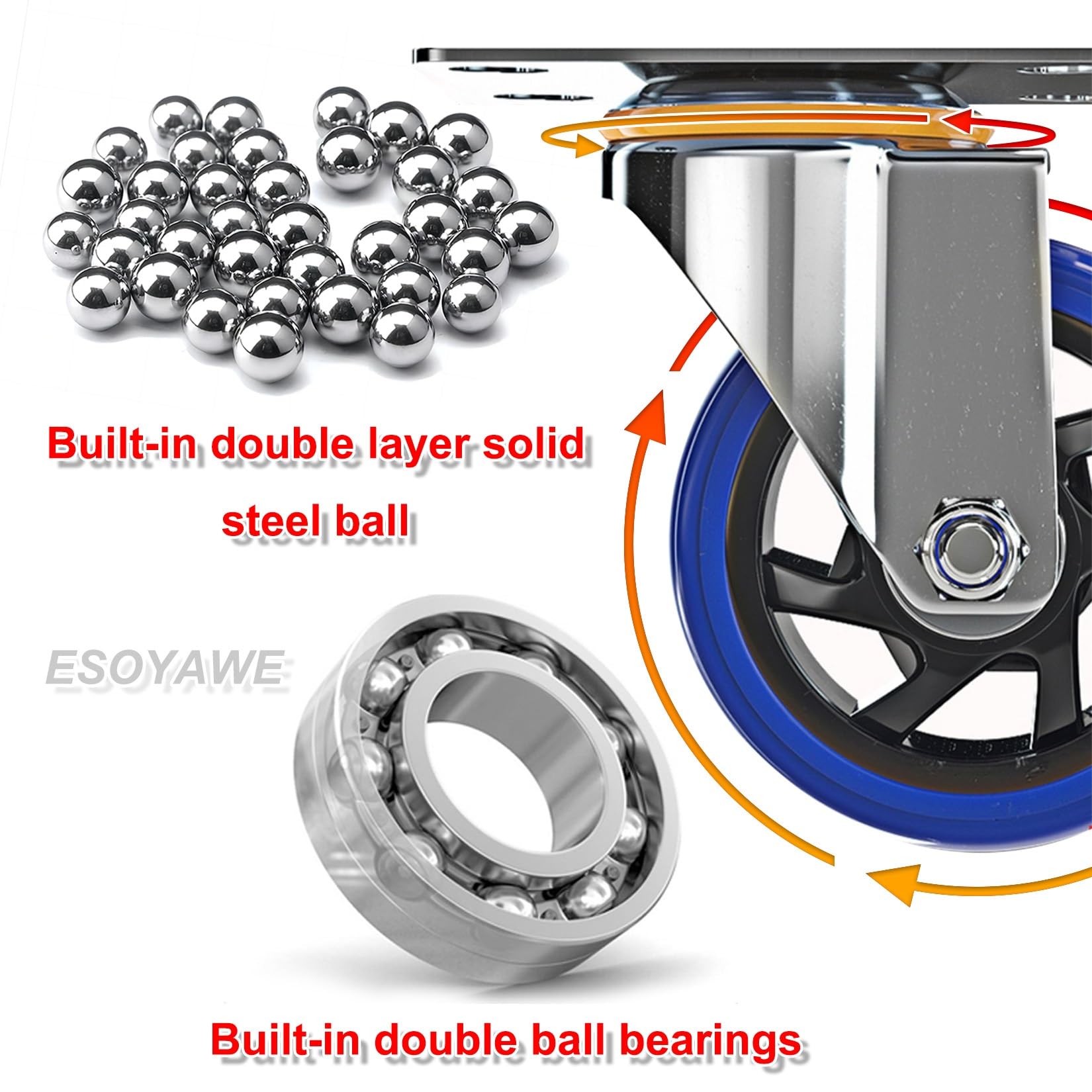 Lenkrollen Möbelrollen 4-Zoll-5-Zoll-Set mit 4 Ersatzrollen for Trolley-Möbel, Heimwerker-Werkbank, bewegliches, geräuscharmes, stoßdämpfendes Gummifußrad(Fixed+Swivel,125mm/5in)