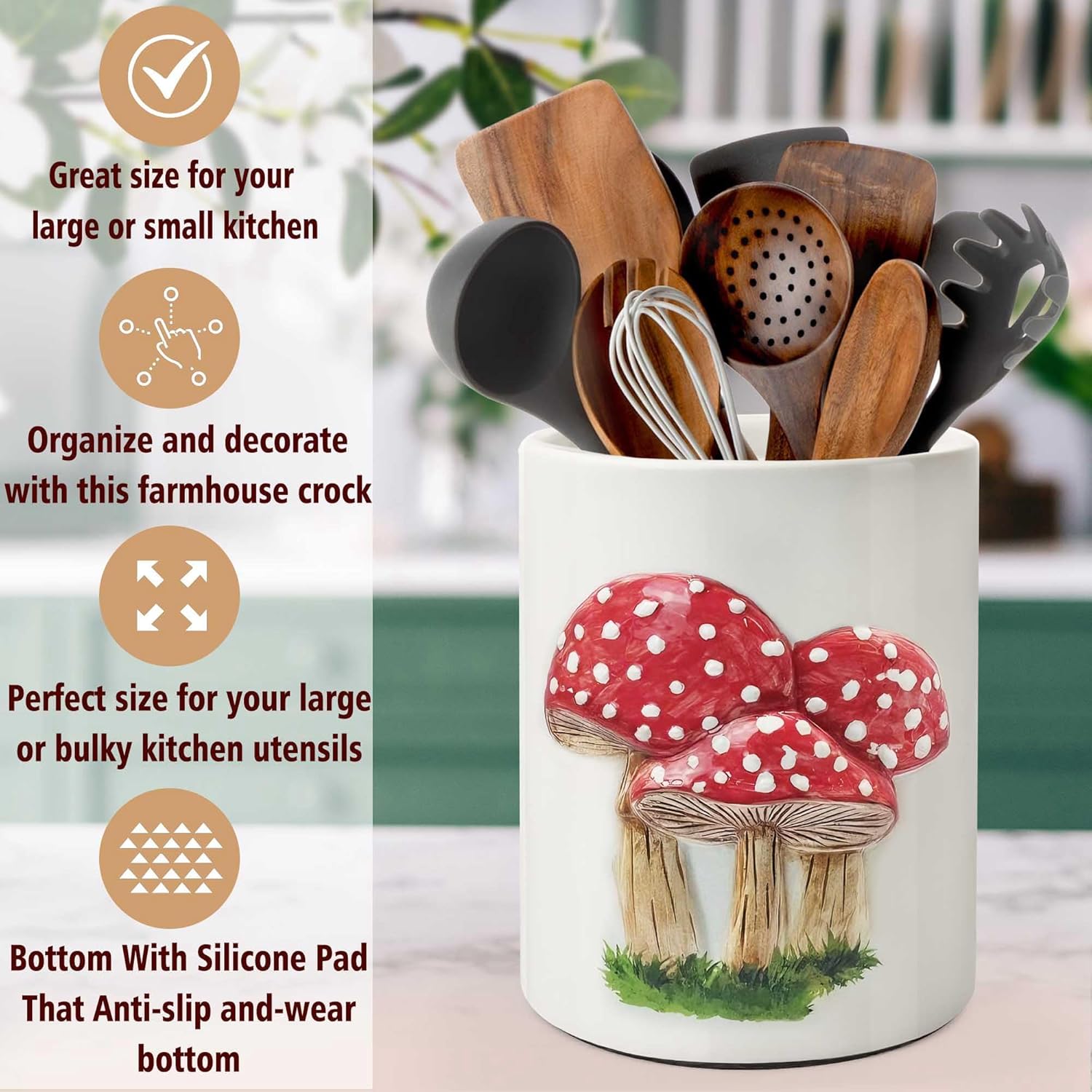 pinata Embossed Mushroom Kitchen Decor Ceramic Utensil Holder, Cute Embossed Mushroom Utensils for Farmhouse Indoor Kitchen Decorations Rustic Farmhouse Decor (6.3 inch)
