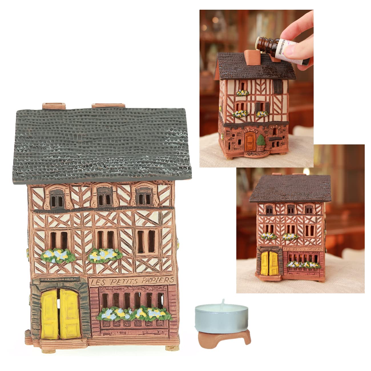 Ceramiczny domek na podgrzewacze, ręcznie wykonany, artystyczna miniatura, dom w różach, Francja, A259AR