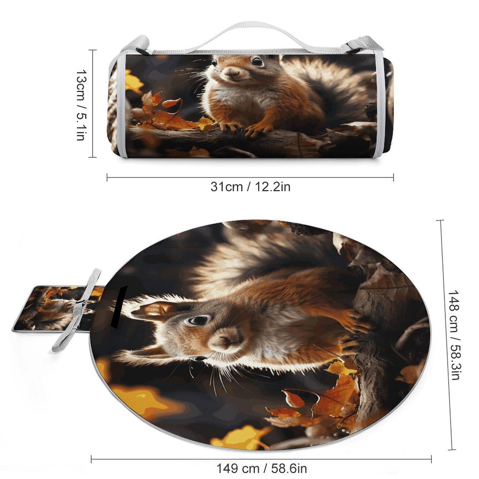 Manta de picnic redonda plegable y ligera, con diseño de ardilla en el bosque, manta de playa impermeable, manta para exteriores, para primavera, verano, camping, parque, viajes, hierba