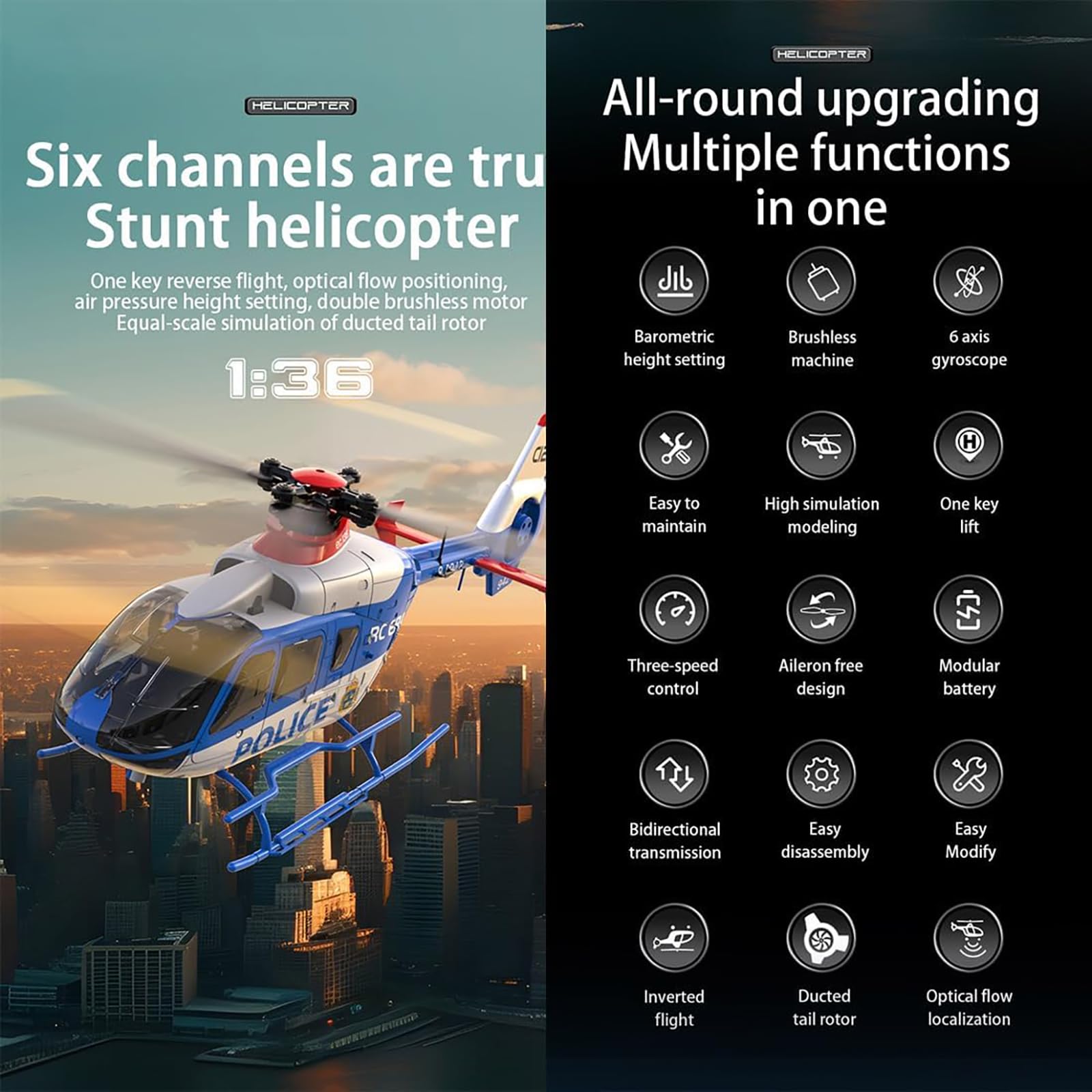 C123 Helikopter zdalnie sterowany EC135 dla dorosłych, 1:36 6CH 2.4GHz RTF RC z 6-osiowym żyroskopem i funkcją utrzymywania wysokości dla początkujących,2 Batteries