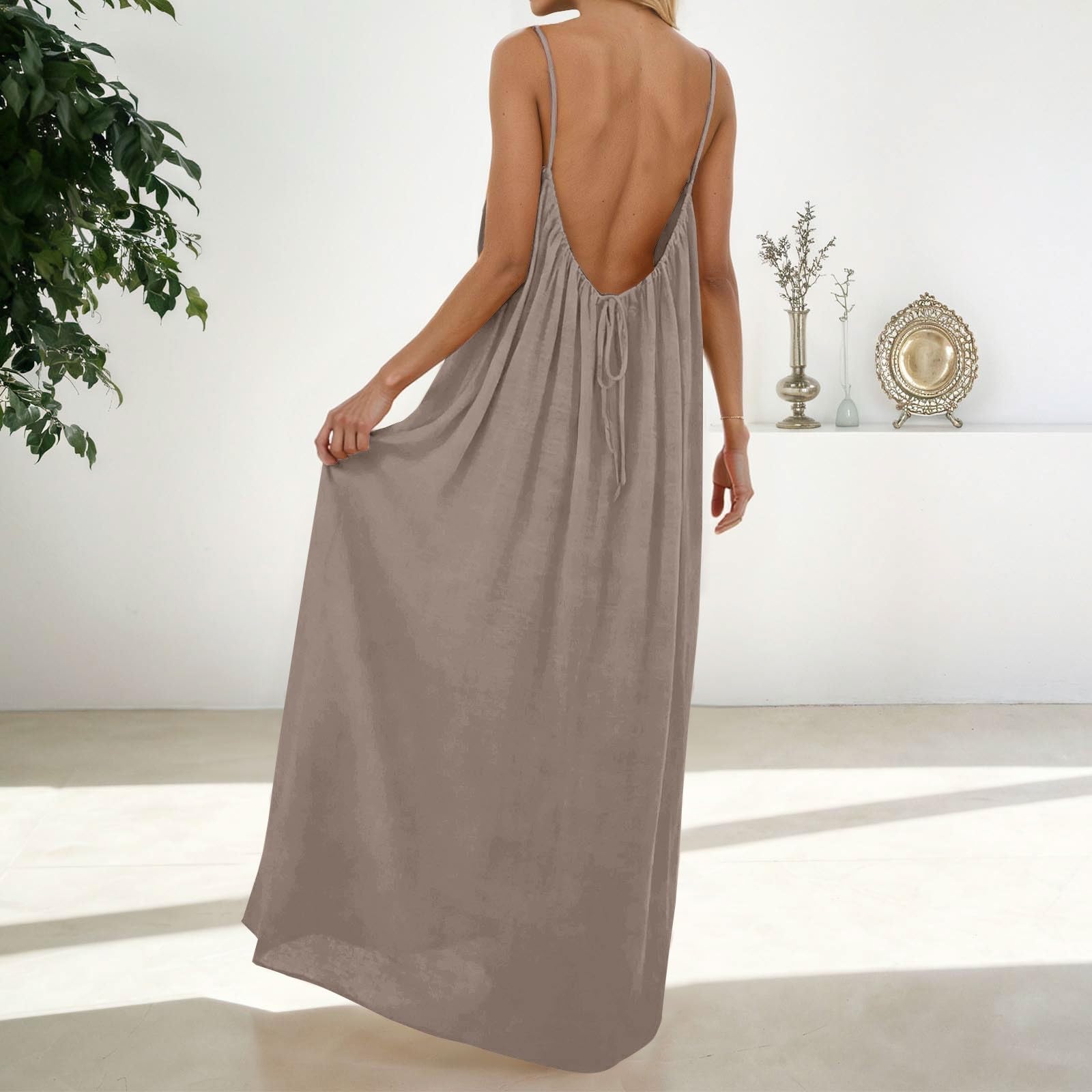 Vestido Cami sin espalda para mujer - Vestido de verano ligero para la playa, tirantes delgados, vestido maxi bohemio, sin mangas, vestido de muselina, vestido informal suelto, elegante, vestido de