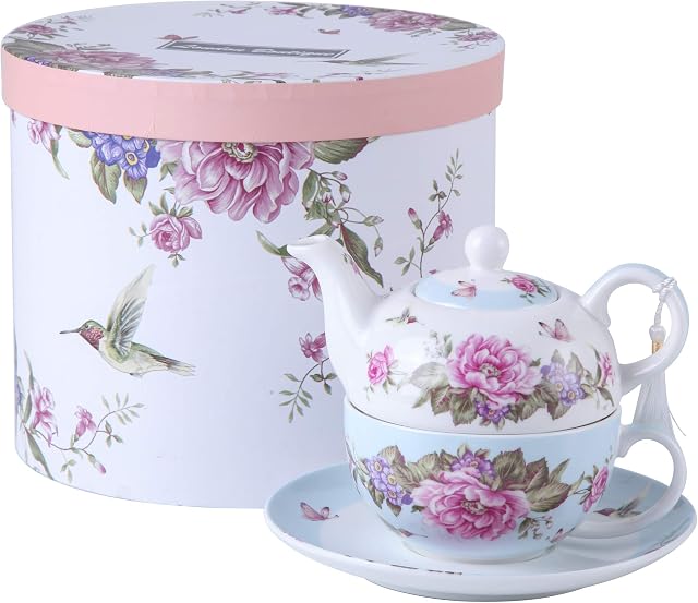 London Boutique Tea for One Teapot Cup suacer Set Shaby Chic Flora Bird Rose Butterfly Porcelain Gift Box (Blue)