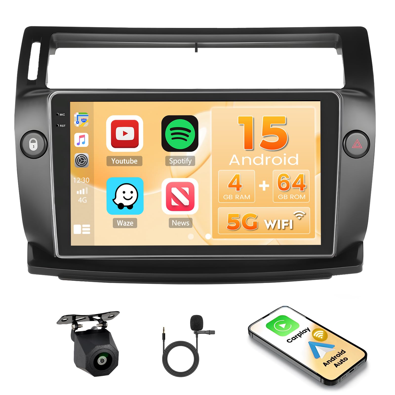 Hikity 4G+64G Android 15 Radio Coche Citroën C4 2008-2011 9" CarPlay