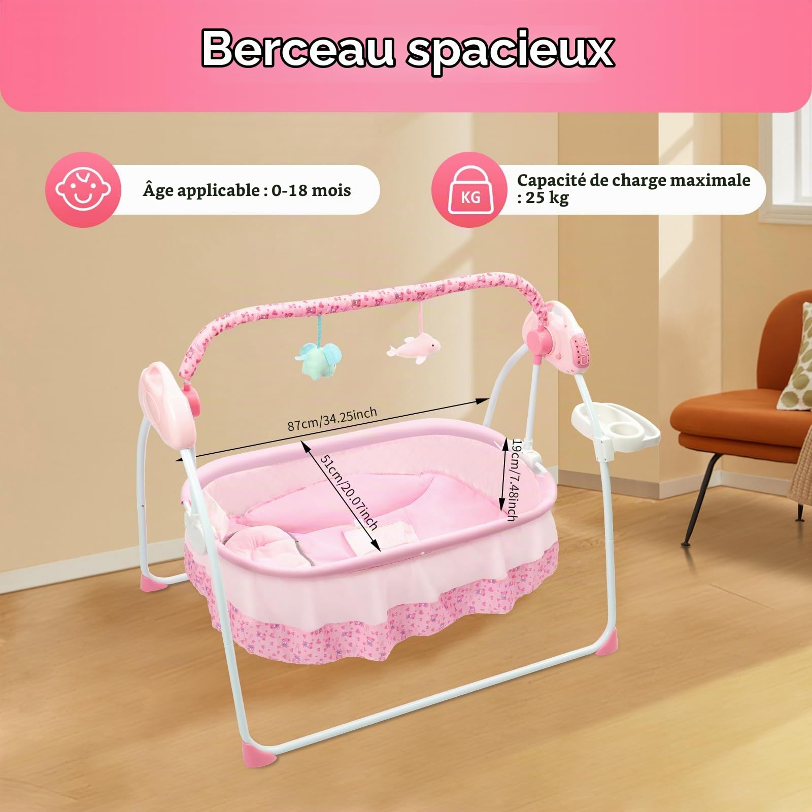 Balançoire électrique pour bébé de 0 à 18 mois - Balançoire pour bébé et transat avec 5 réglages de vitesse et 12 musiques intégrées