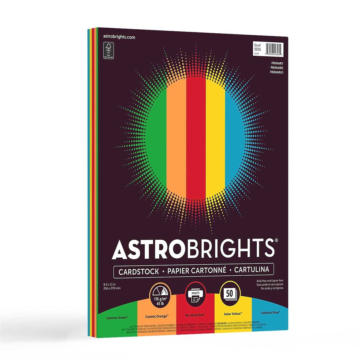 Astrobrights Color Cardstock, 65 lb Cover Weight, 8.5 x 11, Assorted Primary Colors, 50/Pack
