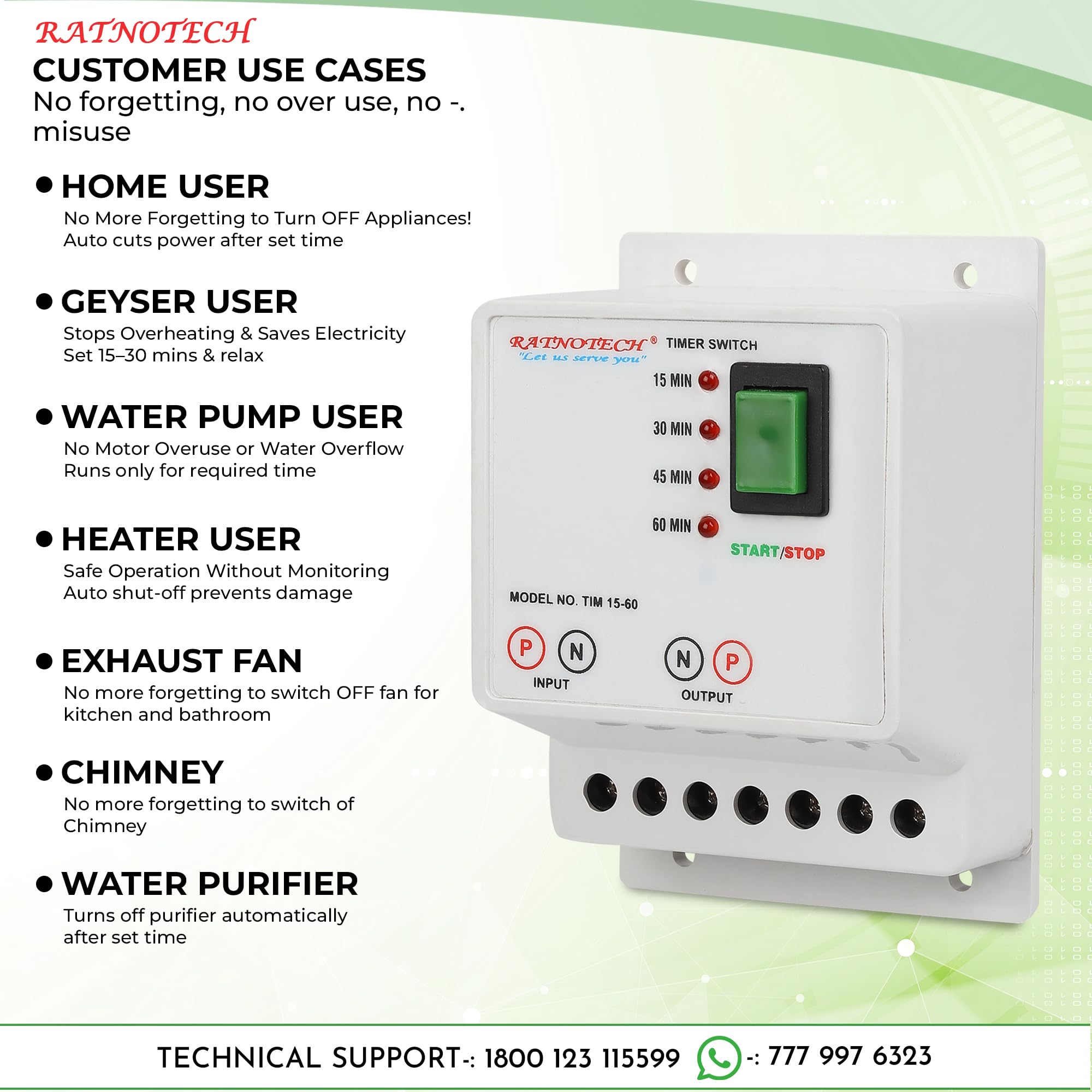 RATNOTECH Automatic Cut-Off Timer Switch for Geyser, Water Pump, Heater & Exhaust | Smart Programmable Controller with Multiple Timer Settings | 15-Month Warranty (15-30-45-60M) — Amazon image 2