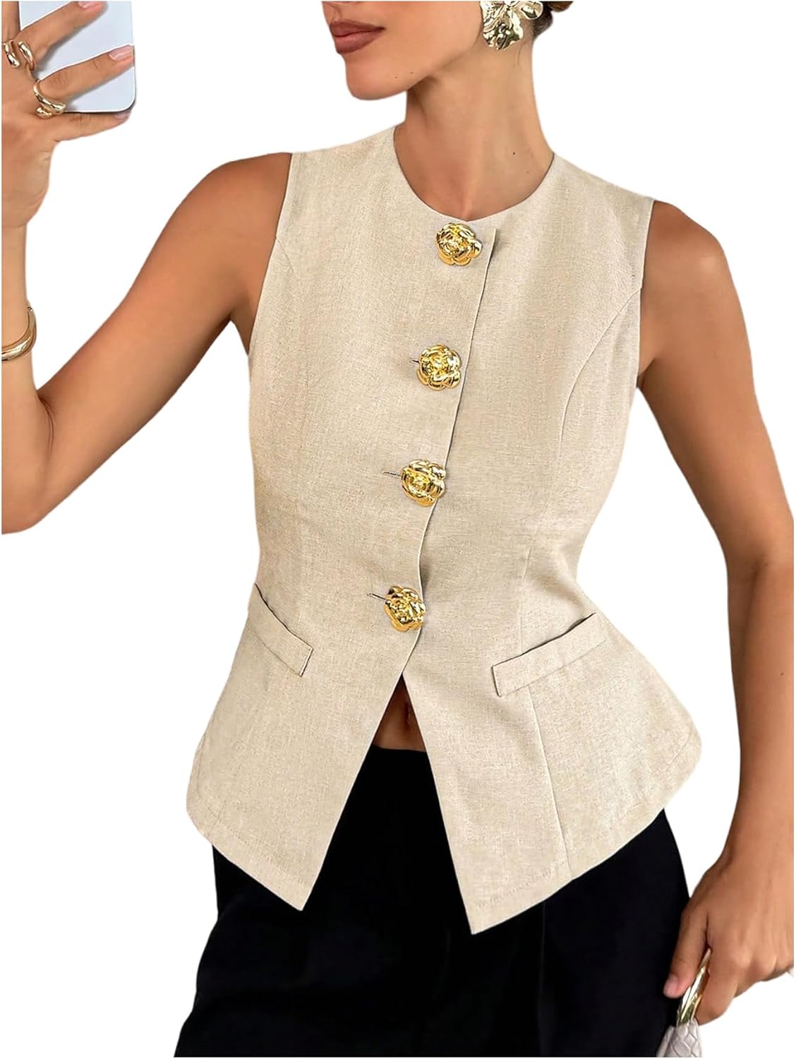 Floerns Women's Elegant Sleeveless Floral Button Down Blouse Crew Neck Office Tank Top